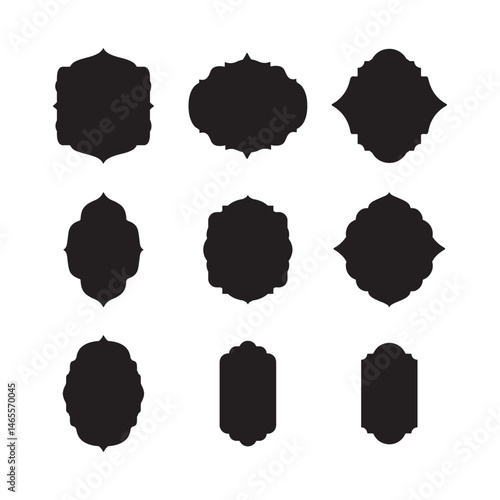 Set of ornate black Islamic frame silhouettes, blank vintage arabesque label templates for invitation, certificate