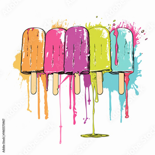 hand-drawn style, popsicles melting, playful drips, bright neon colors, white backdrop