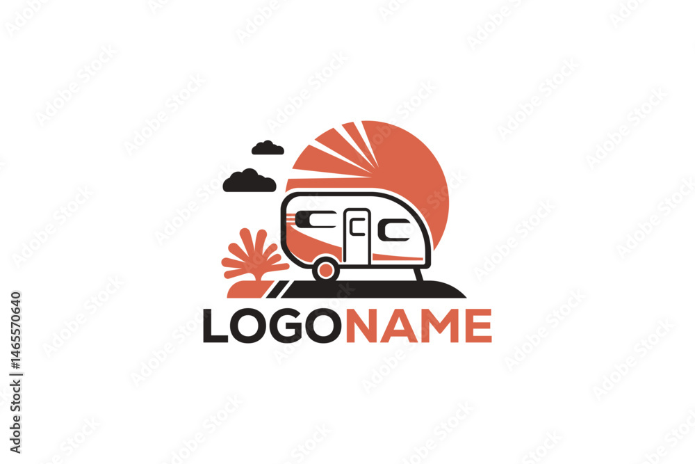 Logo design of a caravan placed in a natural setting, surrounded by trees, mountains, or sun symbolizing outdoor travel, adventure, and freedom. Logo design of a caravan placed in a natural setting, surrounded by trees, mountains, or sun symbolizing outdoor travel, adventure, and freedom.