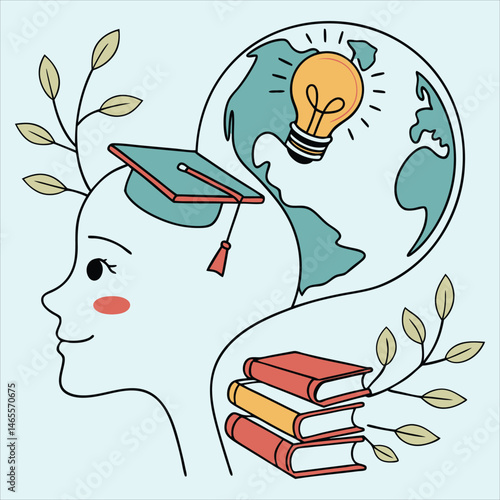 Colorful illustration symbolizing global education with globe, books, students, and cultural learning icons ideal for academic and international education content.