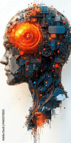 Wallpaper Mural Complex Mechanical Head Profile with Glowing Center, Wires and Circuits, Futuristic Technology, Humanoid Robot Machine Torontodigital.ca