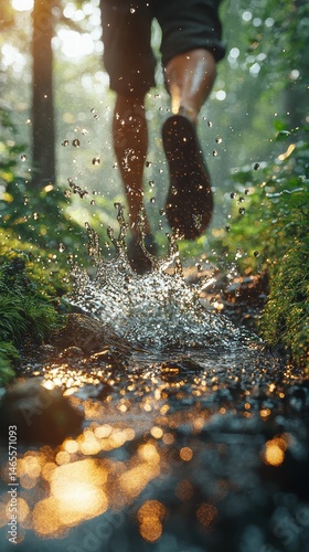Trail Running Splash: Legs and Feet in Motion Through Forest Stream, Adventure and Healthy Lifestyle Concept.