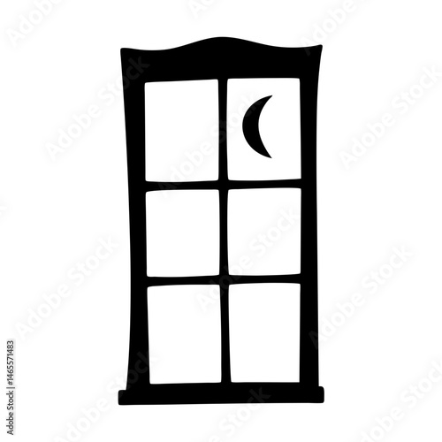 Silhouette of a window with a crescent moon shining through the glass