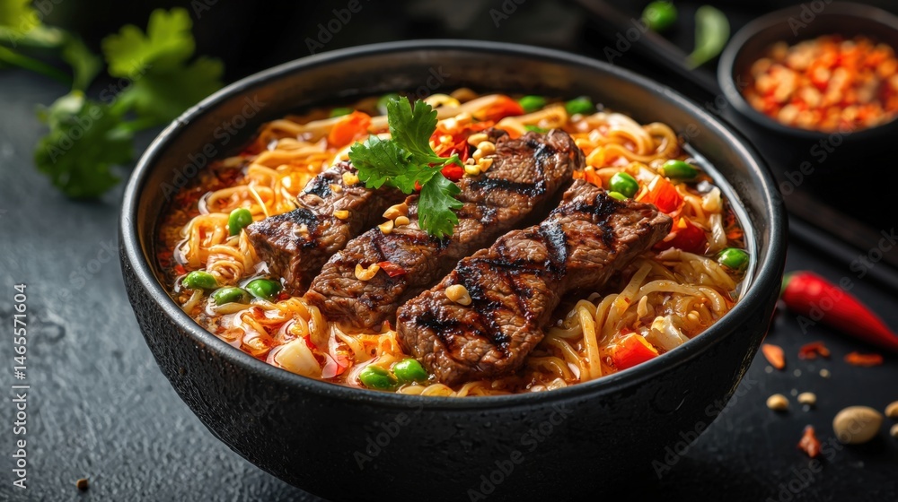 Delicious Asian ramen noodle soup with tender grilled beef slices, fresh vegetables, spicy chili flakes, garnished with cilantro in a black bowl Delicious Asian ramen noodle soup with tender grilled beef slices, fresh vegetables, spicy chili flakes, garnished with cilantro in a black bowl