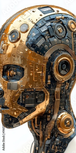 Wallpaper Mural Detailed close-up of golden and black robotic head, complex mechanical structure featuring intricate wiring, technology, and metallic textures. Torontodigital.ca