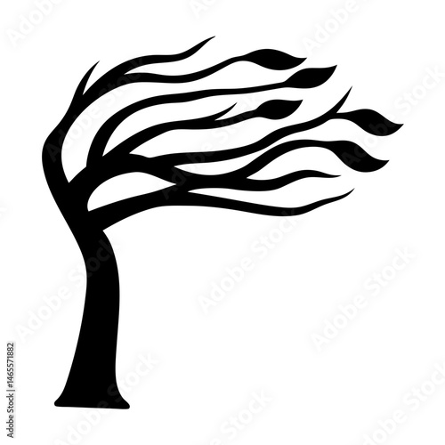 Black silhouette of a tree in the wind on a white background