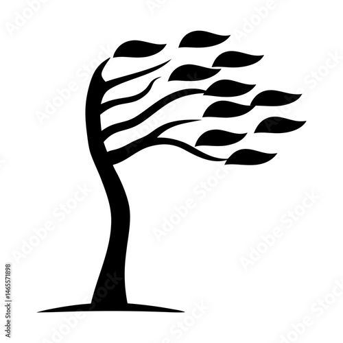 Silhouette of a windswept tree against a white background, strong wind effect