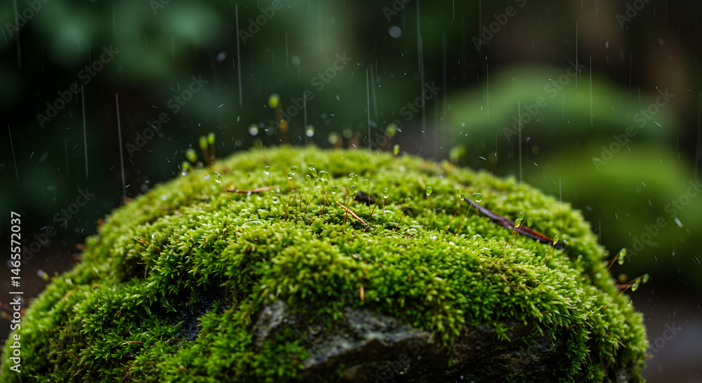 Mossy Rock Under Gentle Rain Showers In Lush Green Setting Detailed View Mossy Rock Under Gentle Rain Showers In Lush Green Setting Detailed View
