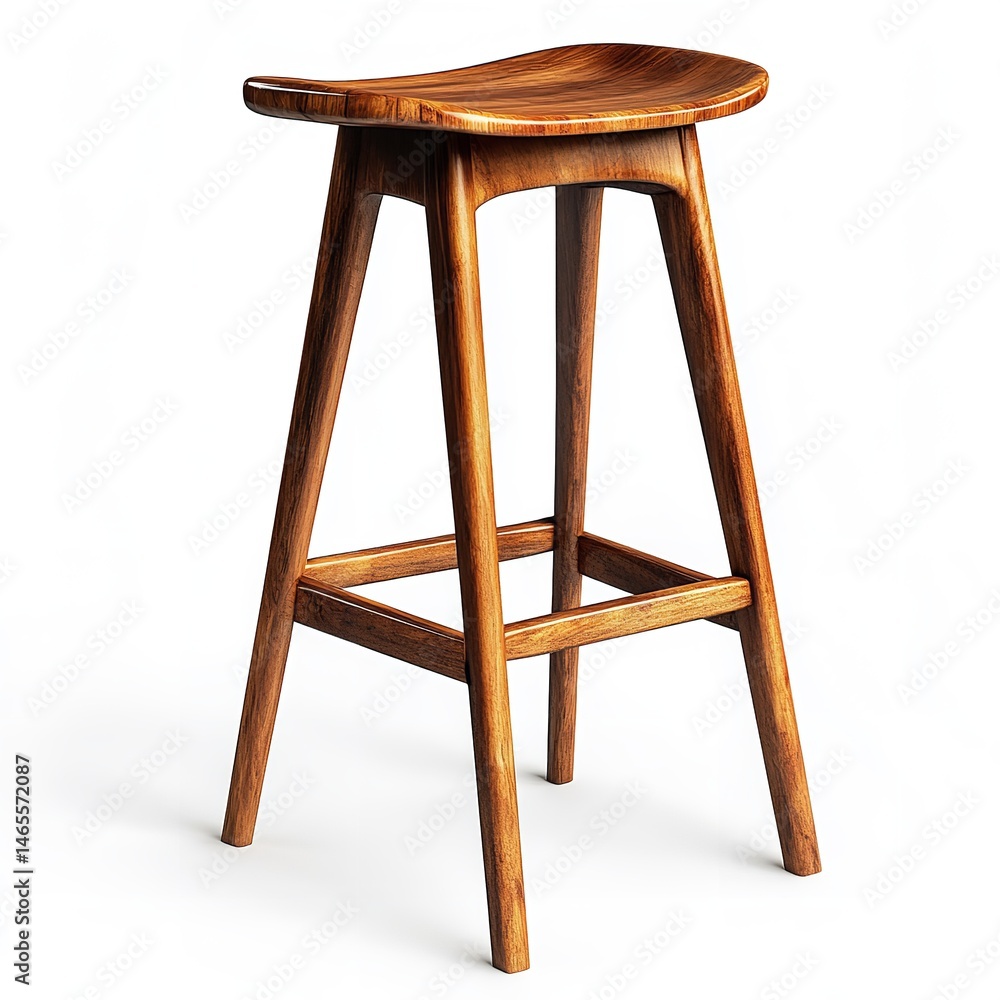 Isolated studio shot of a wooden bar stool with a curved seat and four legs on a white background Isolated studio shot of a wooden bar stool with a curved seat and four legs on a white background