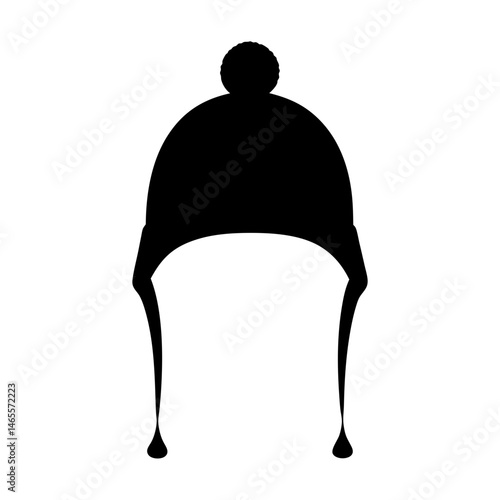 Silhouette of a black winter hat with earflaps and a pompom
