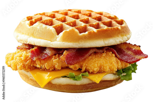 Delicious waffle sandwich with chicken and bacon isolated on transparent background