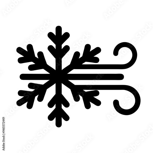 Black and white illustration of a snowflake with wind gusts beside it