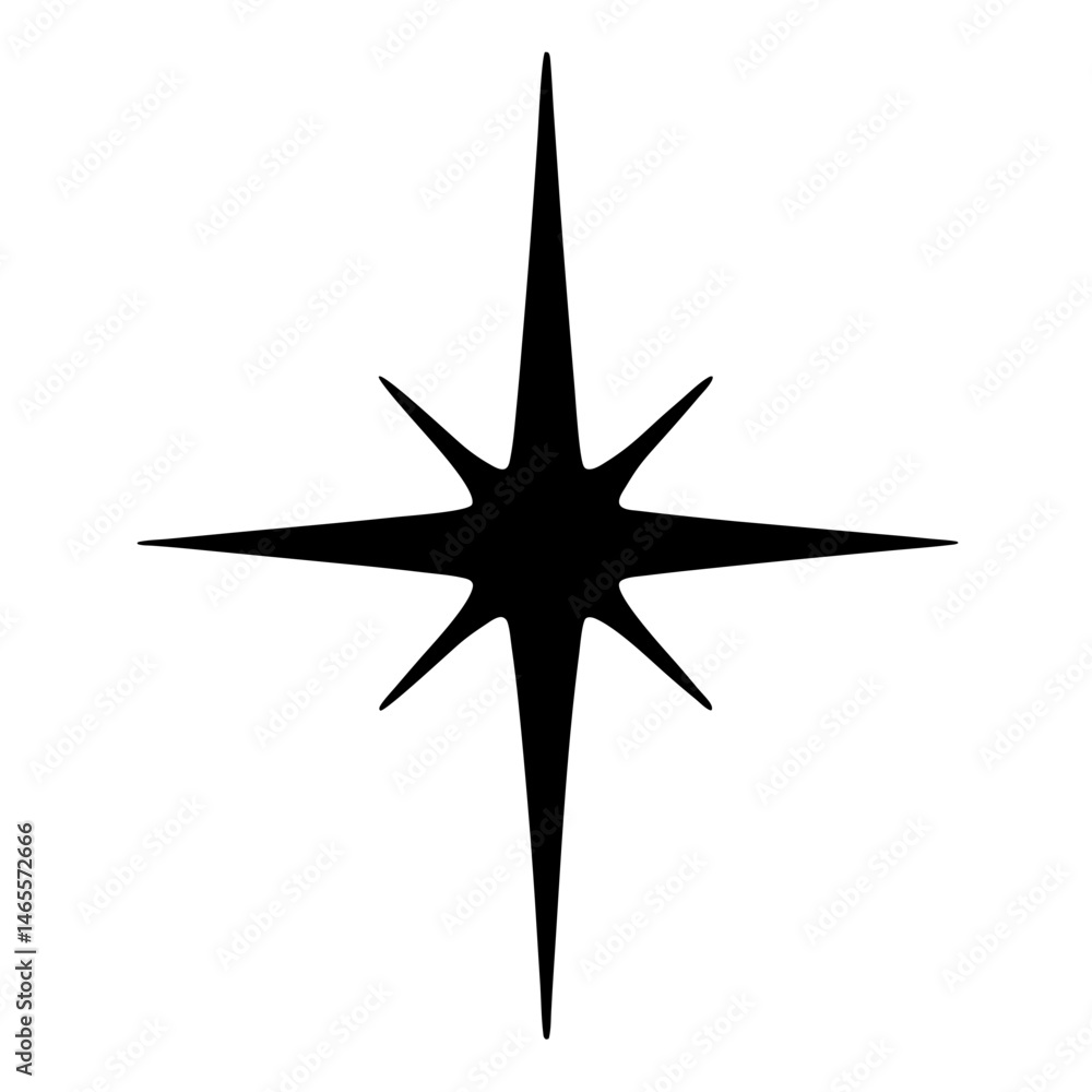 Eight pointed star with asymmetrical rays radiating from central point Eight pointed star with asymmetrical rays radiating from central point