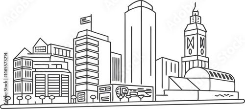 Baltimore skyline, featuring the Inner Harbor and Domino Sugars sign in a sleek, line drawing style.