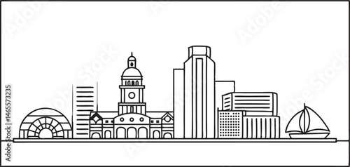 A minimalist one-line drawing of the Baltimore skyline, featuring the Inner Harbor and Domino Sugars sign in a sleek, continuous-line style.