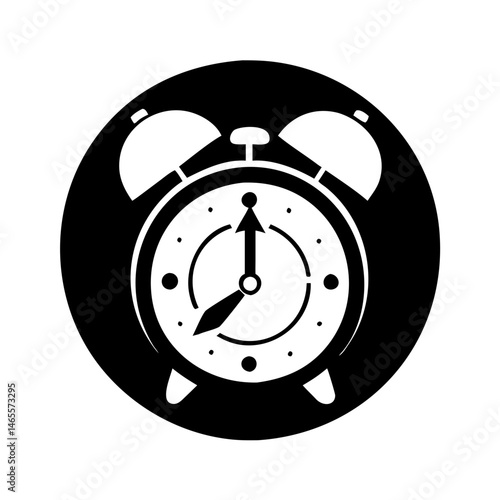 Black and white alarm clock illustration shows eight o'clock time passing
