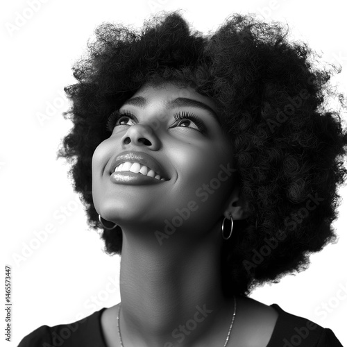 Generated via ai,picture of a happy African American woman smiling and looking up with afro hair, isolated on transparent background 