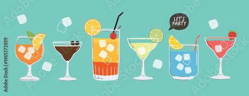 Summer cocktails set. Alcoholic drinks in different glasses. Cocktail menu illustration, banner