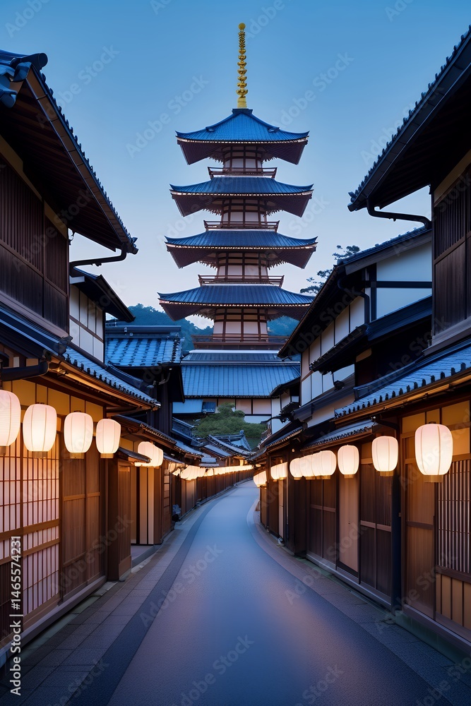 Fototapeta premium traditional japanese street with red lanterns at dusk