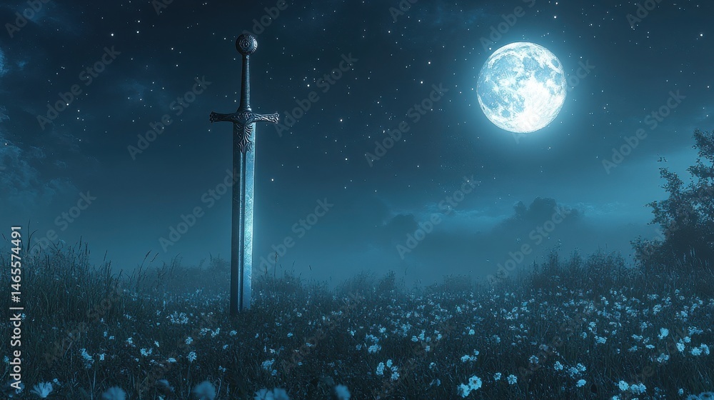 Naklejka premium A knights sword reflecting the stars in a moonlit meadow 