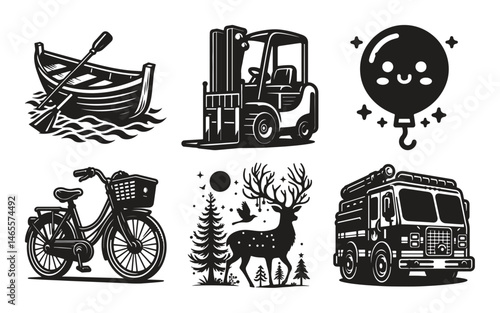 Black and white illustrations of a boat bike deer forklift balloon and firetruck