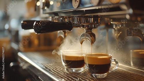 Steam rising from espresso machine dispensing coffee into glasses.