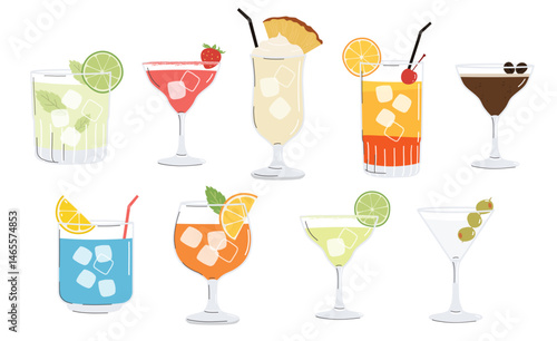 Summer cocktails set. Alcoholic drinks in different glasses. Cocktail menu illustration clipart