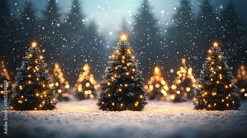 Wallpaper Mural Christmas trees with fairy lights glowing in snowy forest at night Torontodigital.ca