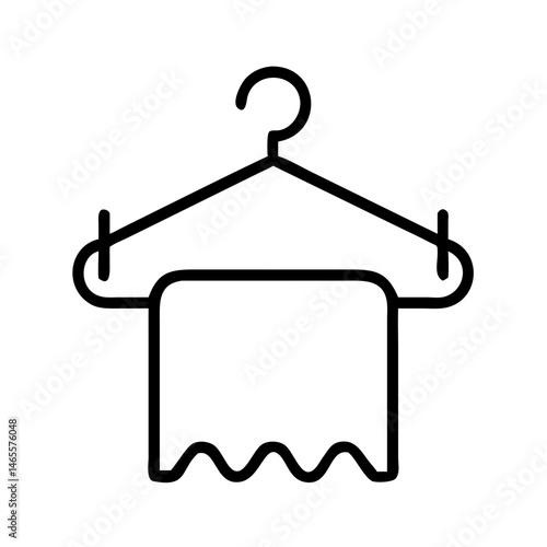 Black outline icon of clothes hanger with hanging towel, minimalist laundry and cleaning symbol, wardrobe care or home textile organization concept