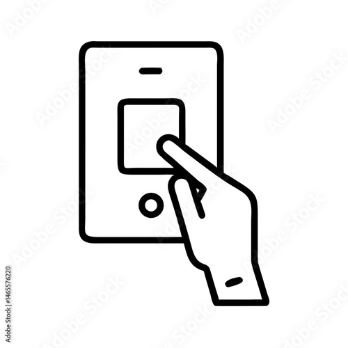 Black outline icon of hand touching light switch or button, hygiene and contact surface cleaning symbol, minimal linear design for sanitation