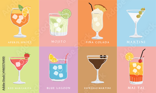 Summer cocktails set. Alcoholic drinks in different glasses. Cocktail menu illustration, posters