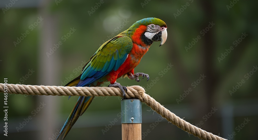 Obraz premium A colorful macaw perched on a rope with a blurred green background in a natural outdoor setting area