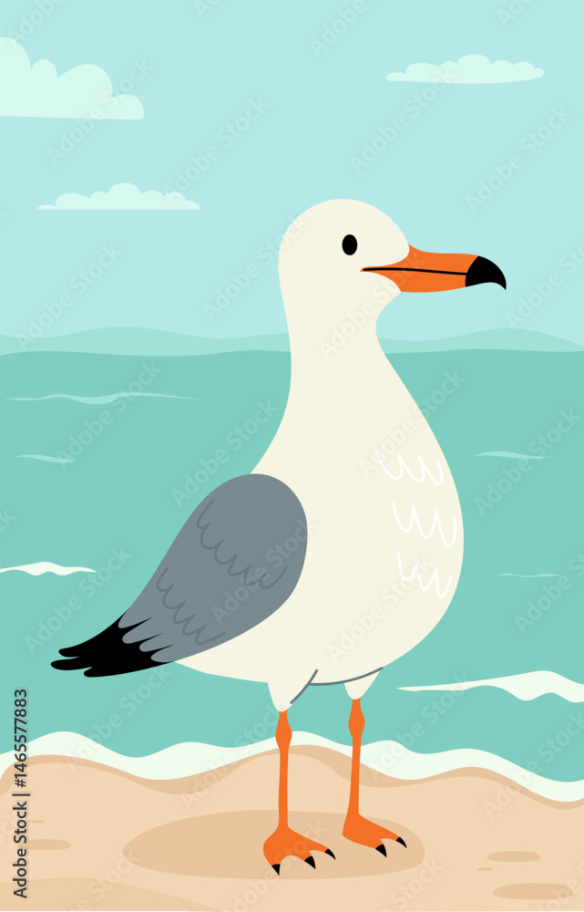 Obraz premium Seabird calm Seagull stands standing on sand near sea water. Seascape with turquoise water and sky with clouds. Vector illustration. Vertical poster background with marine nature and cute bird