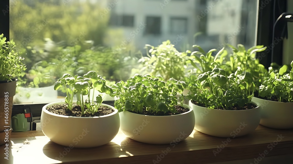 Row of small potted herbs on a windowsill. Row of small potted herbs on a windowsill.