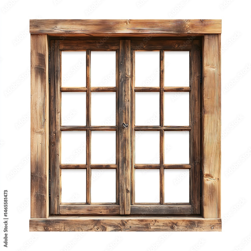 A rustic wooden window with multiple panes and a textured frame against a white background space A rustic wooden window with multiple panes and a textured frame against a white background space