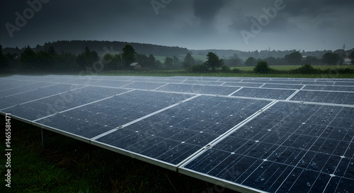 Renewable Energy Solar Panels Under Heavy Rain With Dark Sky Over Field