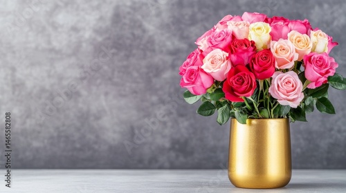 Wallpaper Mural Elegant Pink and Peach Rose Bouquet in Gold Vase - A luxurious bouquet of pink and peach roses in a gold vase. Symbolizing love, beauty, elegance, celebration, and romance Torontodigital.ca