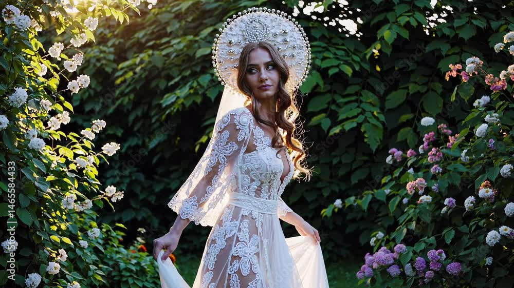Charming Russian bride in a simple dress with a kokoshnik headdress against a forest background