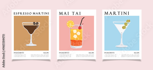 Summer cocktails posters cartoon. Alcoholic drink recipe concept wall art. Trendy prints set of 3