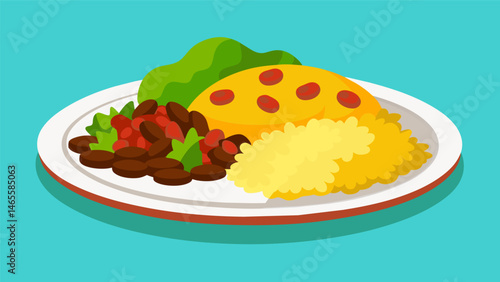 A traditional and colorful plate of Dominican cuisine with yellow rice mixed with red beans and a side of tender and flavorful pork all topped with a sprinkling of fresh cilantro.. Vector illustration