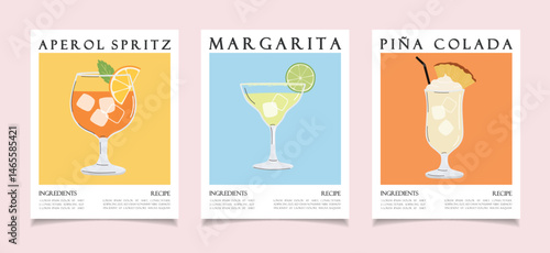 Summer cocktails posters collection. Alcoholic drink recipe concept wall art. Trendy prints set