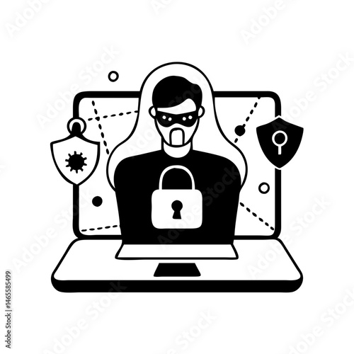 Digital threat security illustration depicting a hacker on a laptop screen