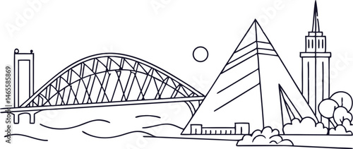 A minimalist one-line drawing of the Memphis skyline.