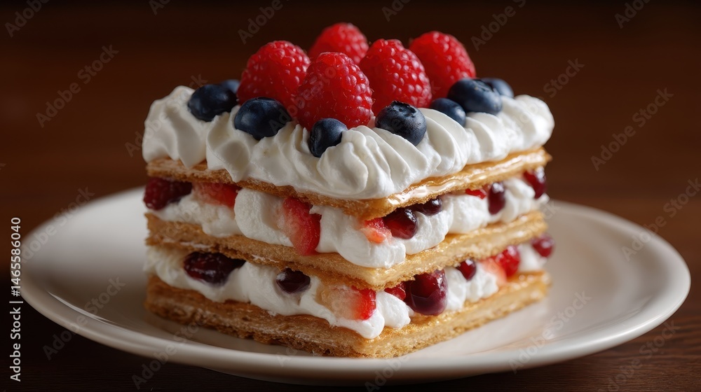 Delicious sando cake layered with cream and fresh berries served on a plate Delicious sando cake layered with cream and fresh berries served on a plate