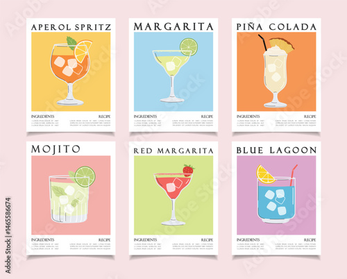 Summer cocktails posters set, cartoon flat. Alcoholic drink recipe concept wall art. Trendy prints