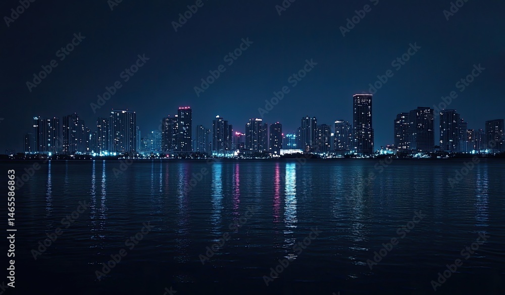 Fototapeta premium Night city skyline reflected on water