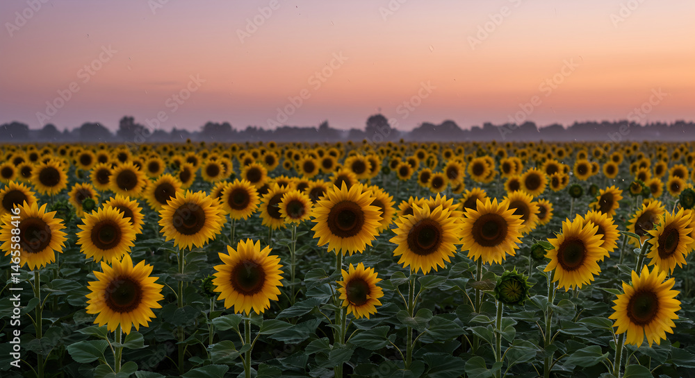 Fototapeta premium Sunflower Field Blooms Under a Pastel Sky at Daybreak Serene Landscape
