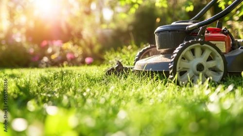 Mowing the lawn in a garden setting