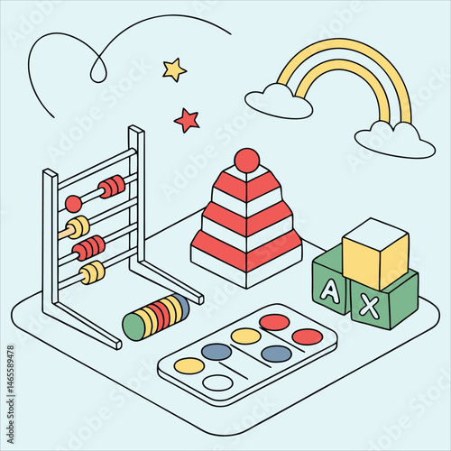 Bright and engaging illustration featuring educational toys and games designed to support child learning, brain growth, and skill development through interactive play.