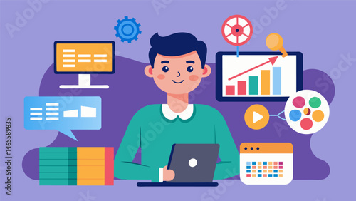 A film distributor uses data analytics to determine the most effective posters trailers and promotional slogans for advertising a comingofage drama.. Vector illustration